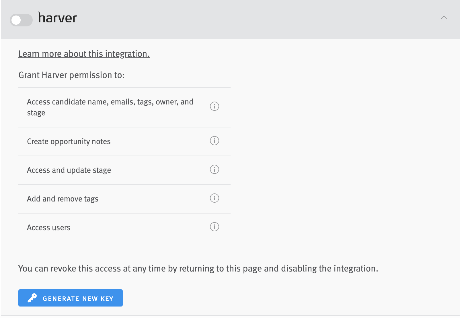 Harver integrations section showing list of permissions and blue generate new key button