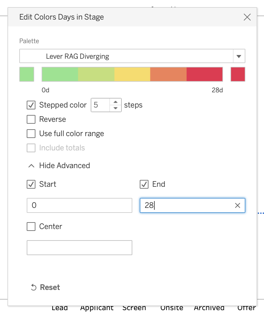 Edit color days in stage modal with end defined
