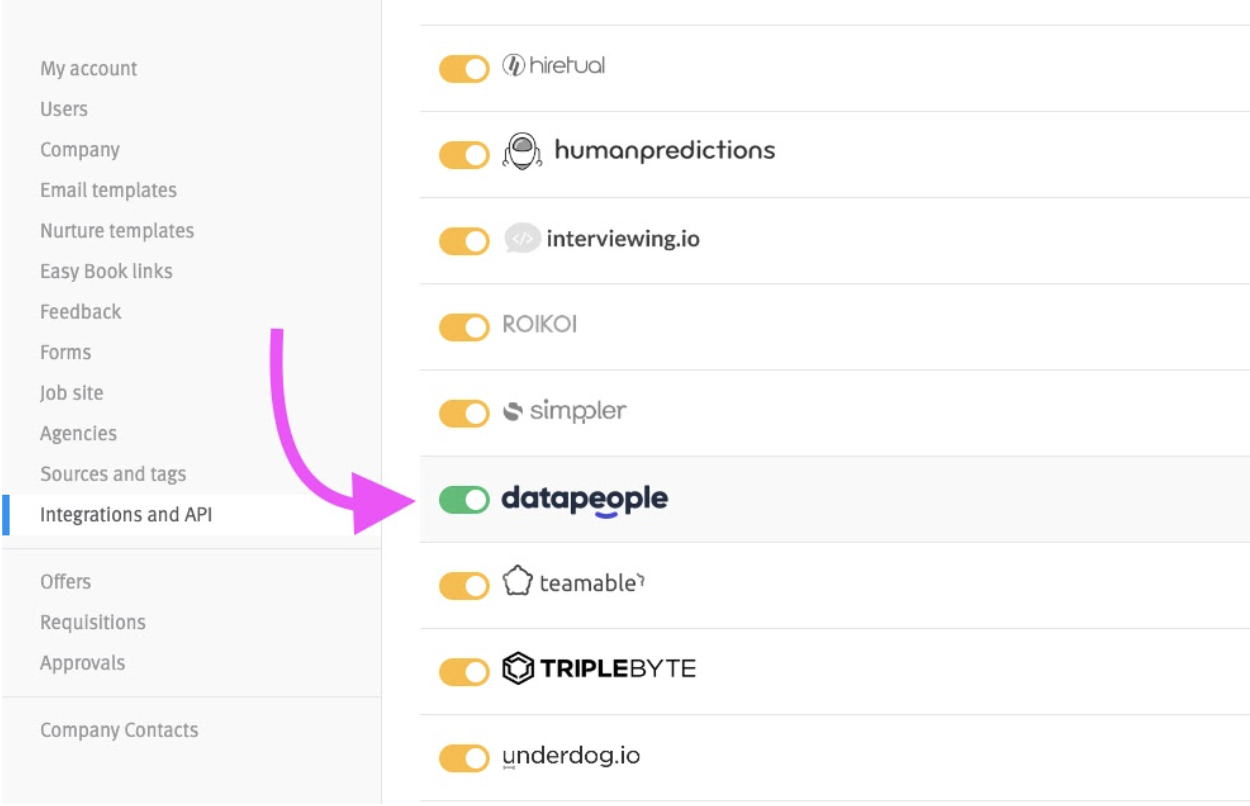 Lever integrations and API page with arrow pointing to datapeople toggle on green