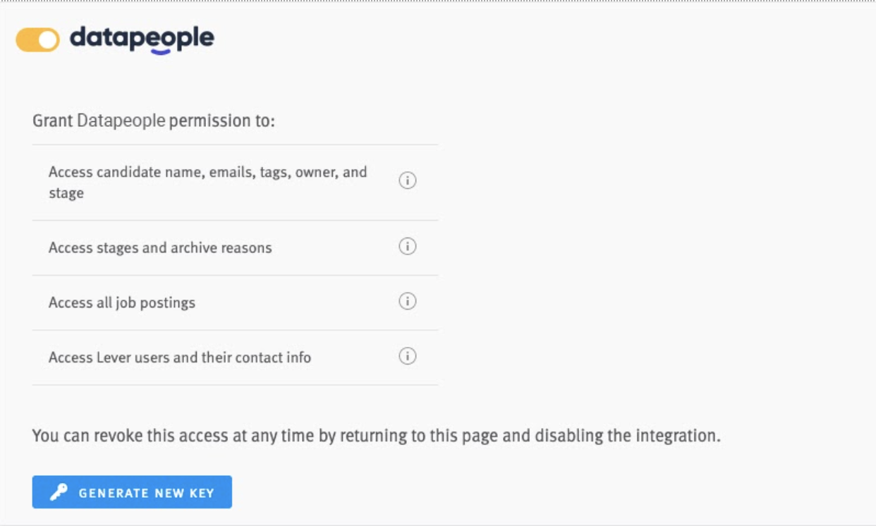 Data people section in Lever settings with list of permissions and generate new key button