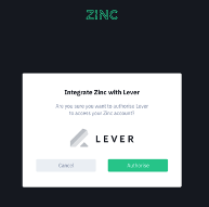 Zinc Lever integration modal with buttons to Authorize or Cancel