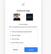 App authorization modal with permissions listed