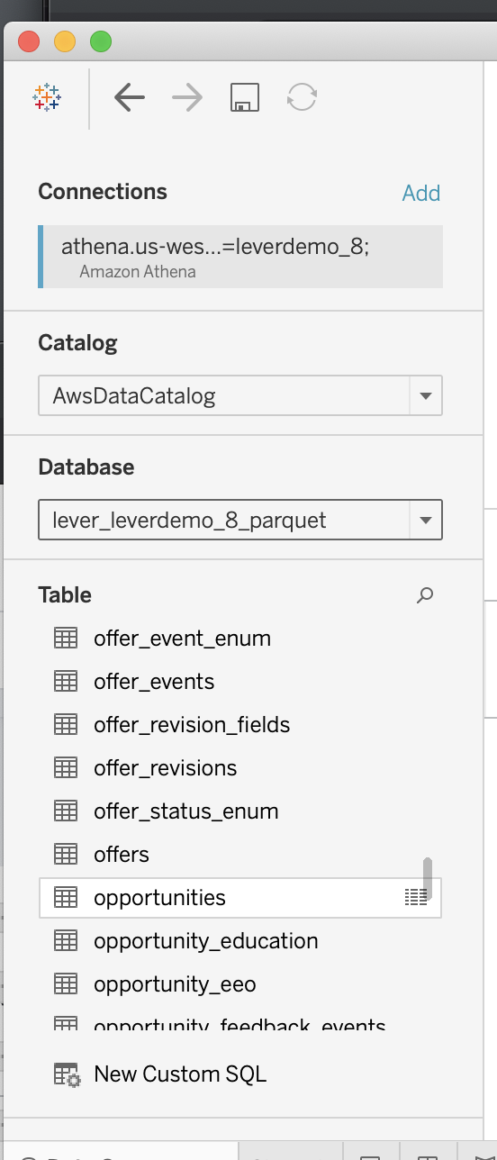 Tables listed in modal