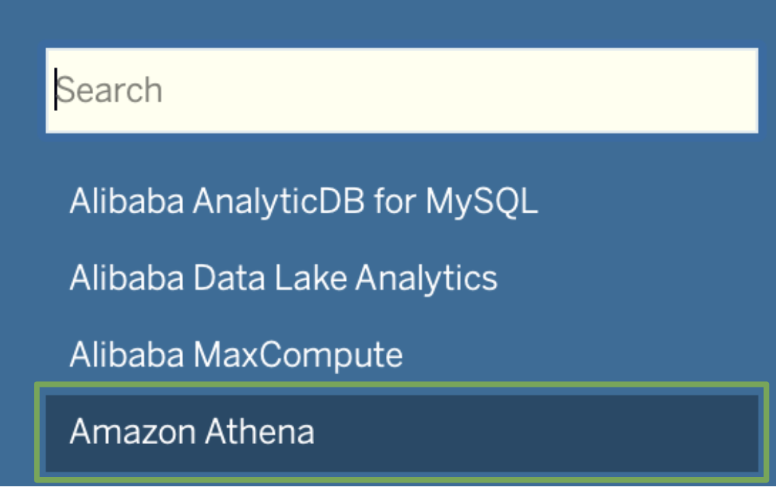 More subsection of Connect menu in Tableau wiht Amazon Athena option outlined