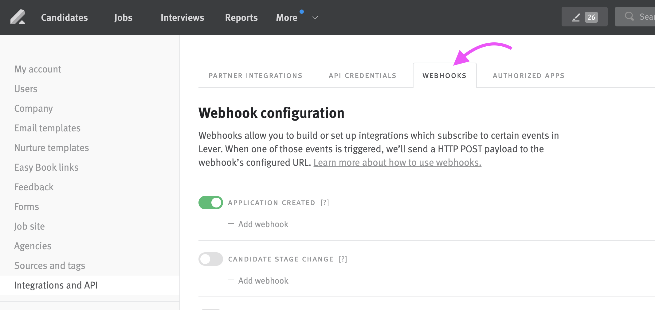Webhook page in Integration Settings with arrow pointing to Webhooks tab