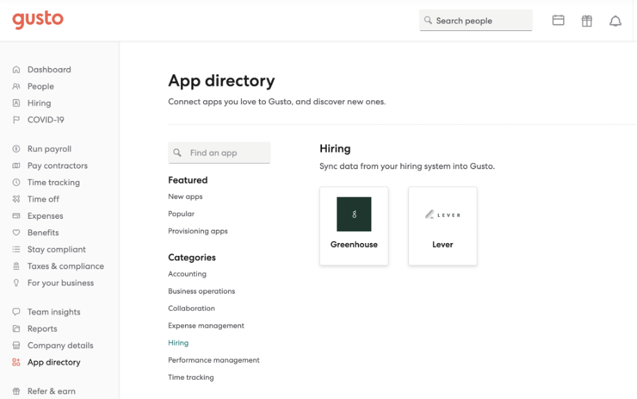 Gusto app directory showing Lever application in the hiring apps section