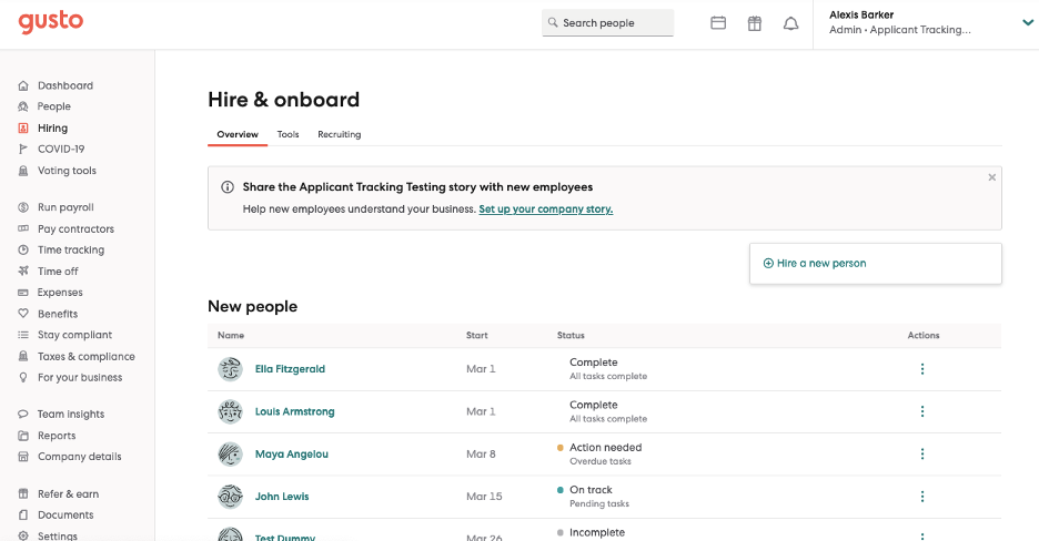 Gusto hire and onboarding page showing list of new people
