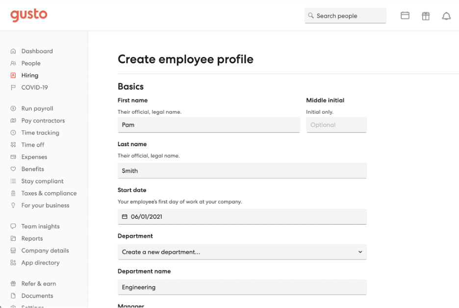 Gusto settings showing create employee profile page