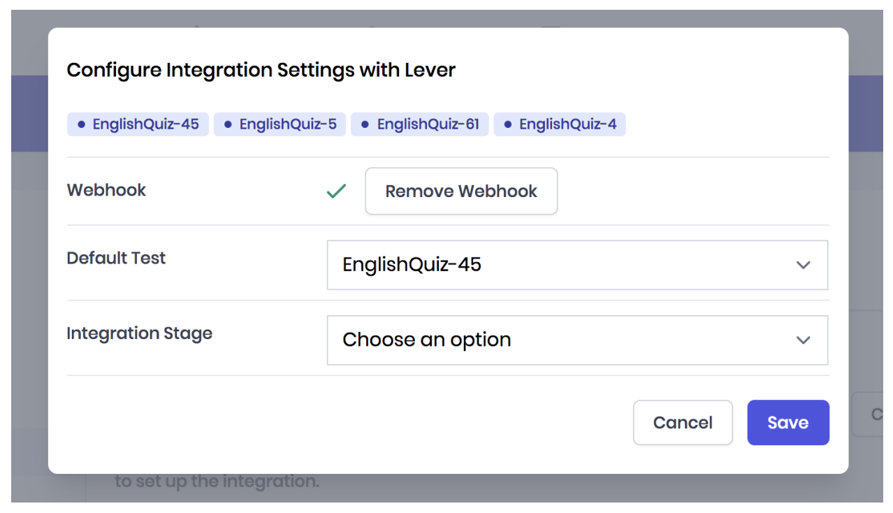 The English Quiz platform showing integration settings with Lever