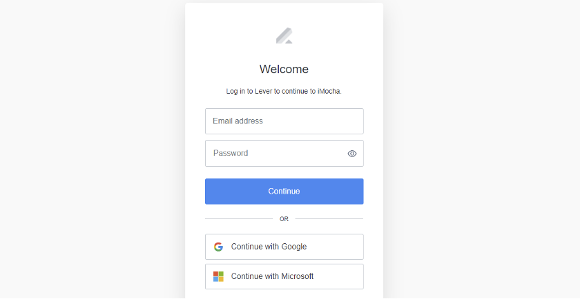 Lever welcome page showing email address and password fields