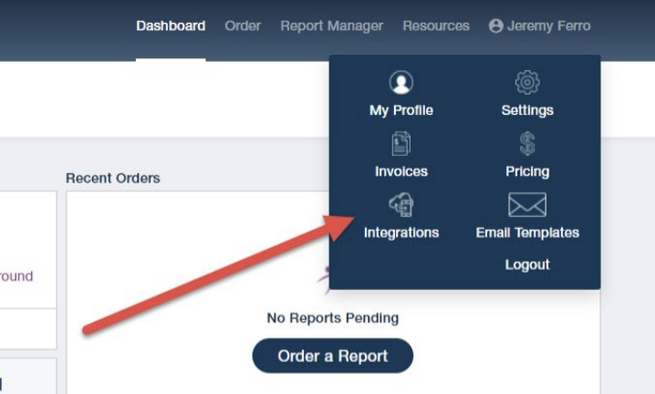 Backgrounds Online dashboard with arrow pointing to integrations in dropdown menu