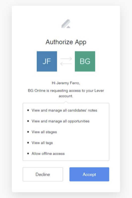 Authorize app modal showing list of permissions and blue accept button