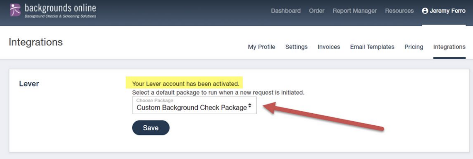 Backgrounds online dashboard with lever pointing to custom background check package in package selector