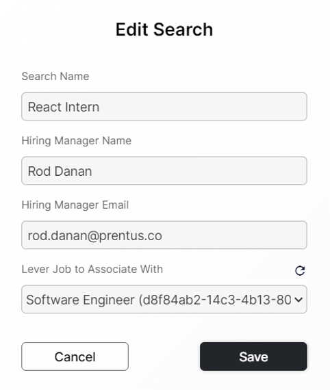 Edit search modal with search name, hiring manager, email, and lever job fields