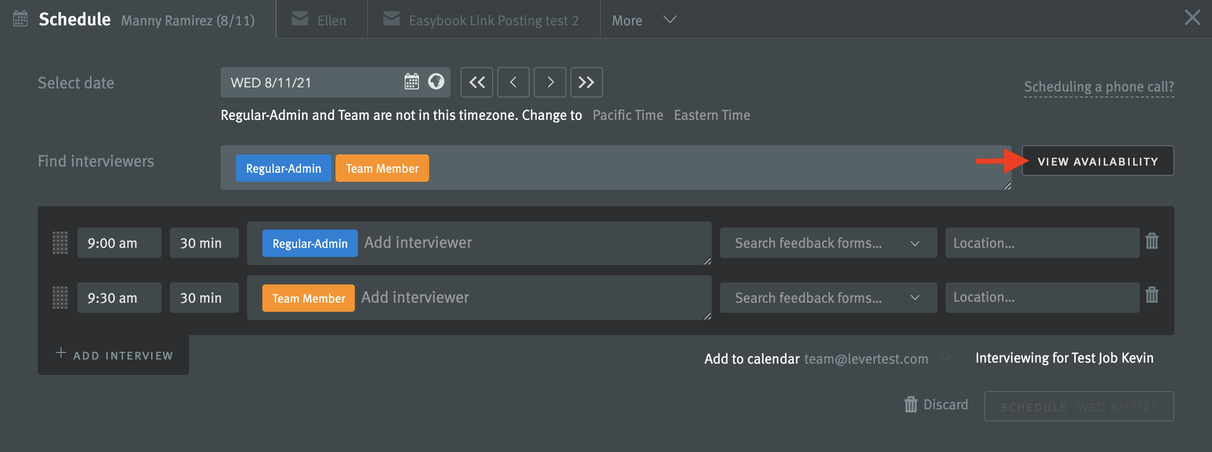 Scheduling window with two interviewers selected and arrow pointing to View Availability button to right of interviewer field.