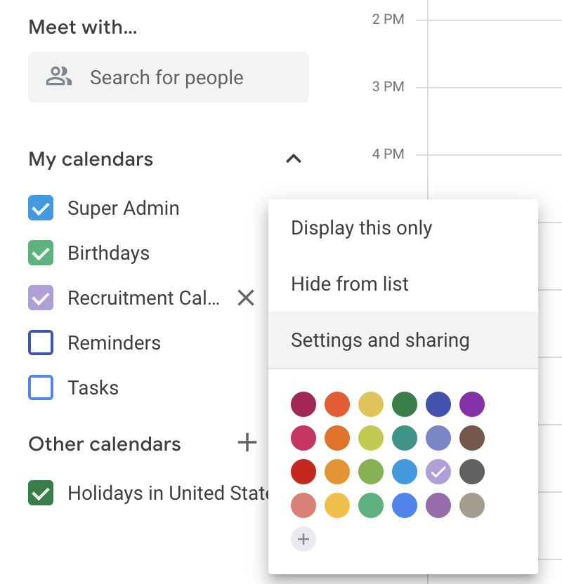 Calendar list in Google calendar with menu expanded from one calendar and settings and sharing option highlighted on hover.