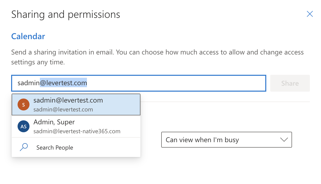 Sharing and permissions modal with individual's email address entered into user search field.