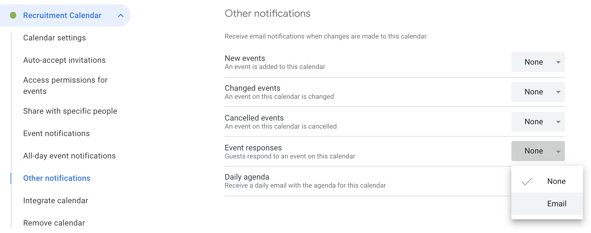 Menu in on Google Calendar settings page with Other notifications header selected and Event Responses notification option configured to email.