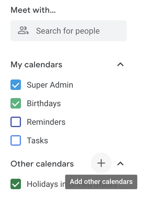 Close up of calendar list in Google Calendar with plus sign highlighted on hover next to other calendars heading.