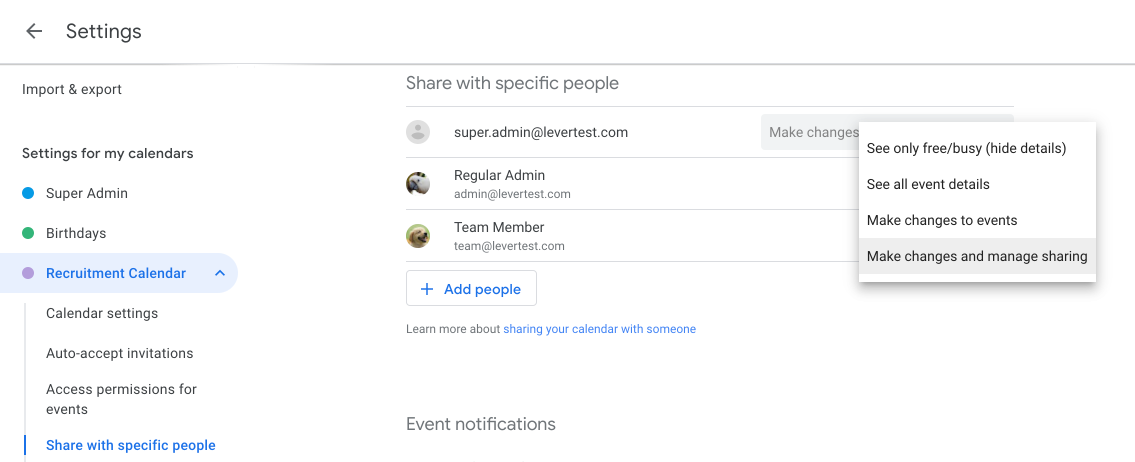 Google Calendar settings menu with share with specific people option selected. Menu  expanded next to added users with permission options.