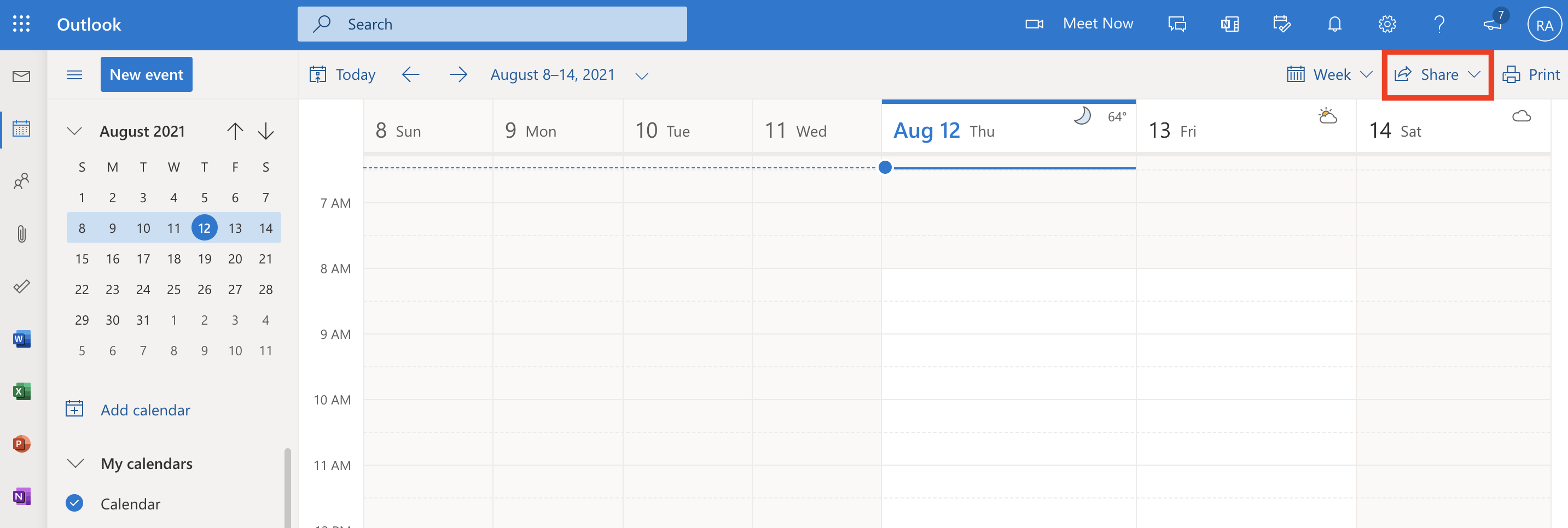 Outlook calendar with Share button circled to the upper right of calendar grid.