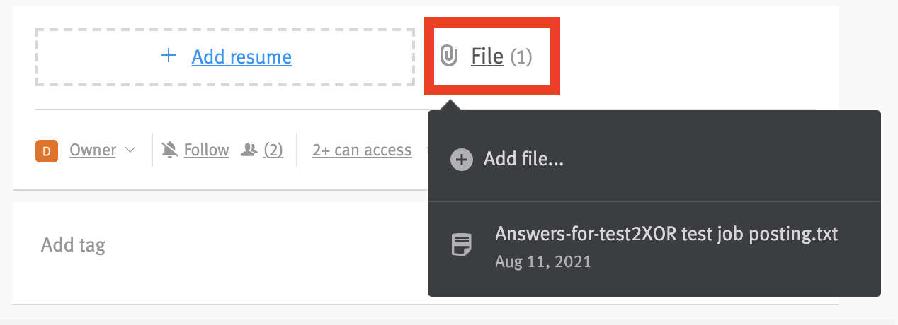 Lever candidate profile with file link outlined and add file options dropdown menu