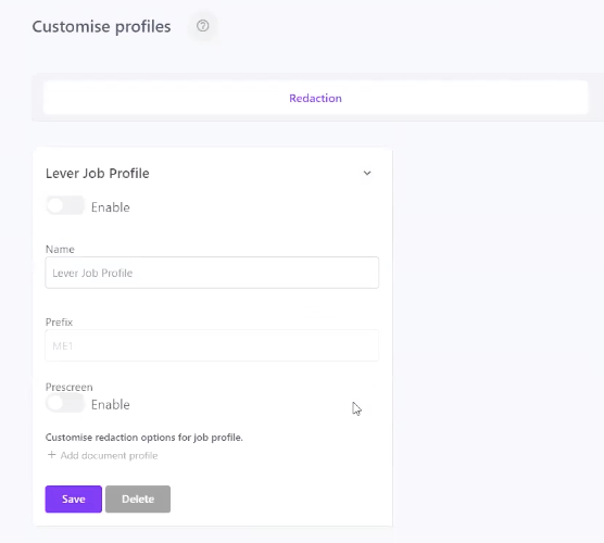 MeVitae customise profiles section showing Lever job profile