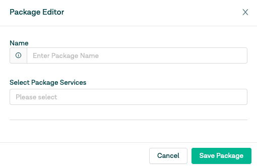 Package editor modal in Certn with fields for Name and option to Select Package Services.