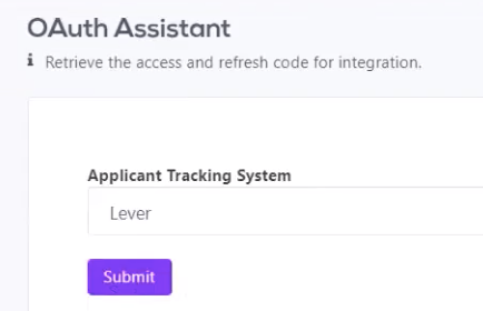 MeVitae OAuth Assistant section showing Applicant Tracking System field filled with Lever