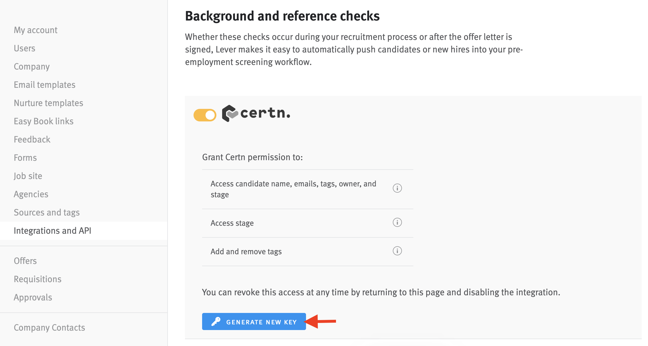 Certn integration card in Background and reference checks integration list in Lever Settings.