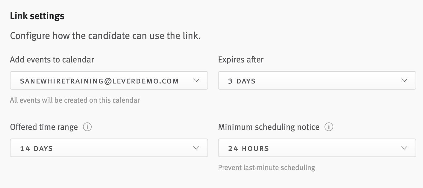 Link settings section of Easy book link generator with drop down menus for calendar, expiry date, offered time range and minimum scheduling notice.