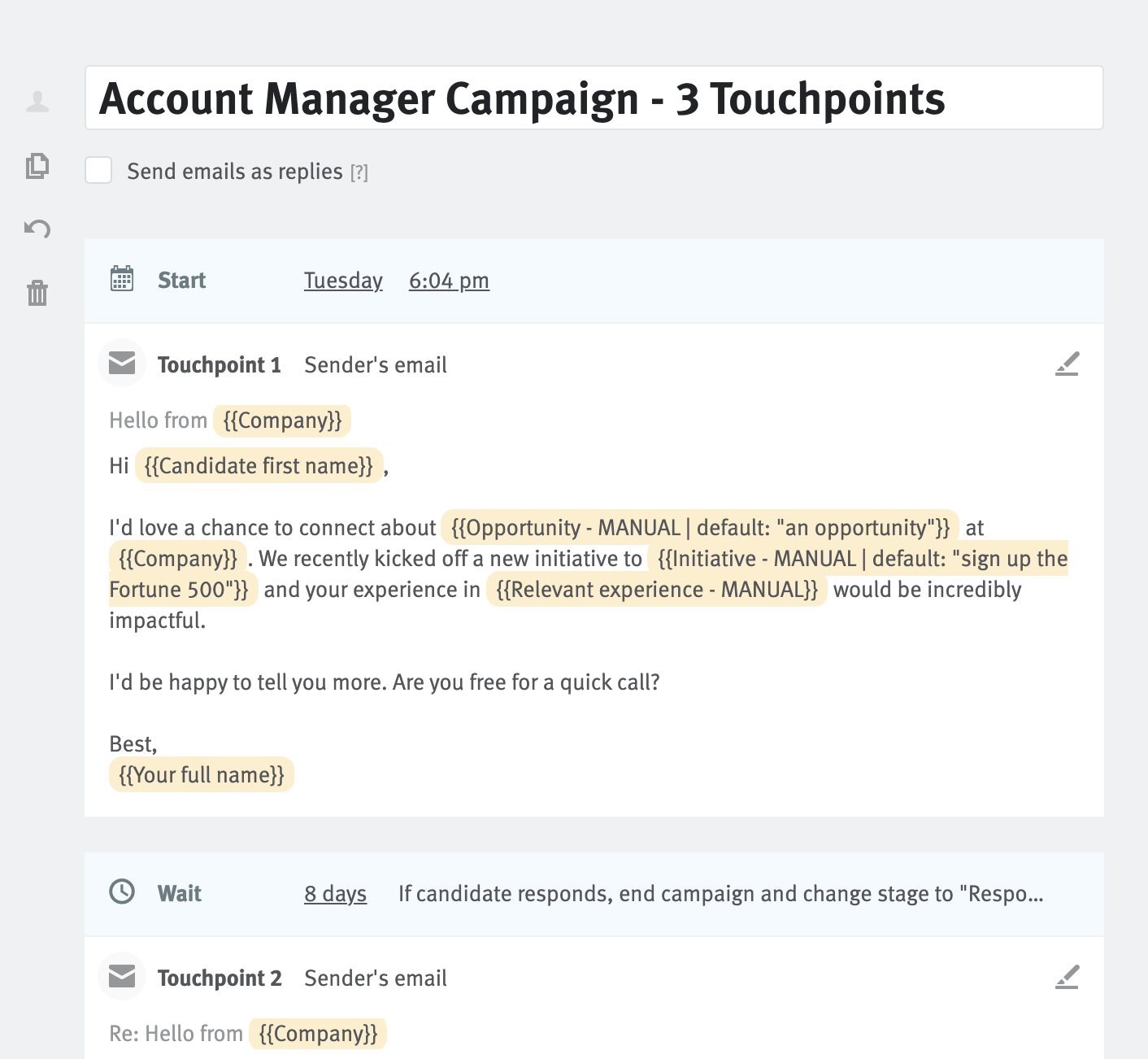 Email campaign editor in Lever with fields to edit template for email campagin with multiple touch points.