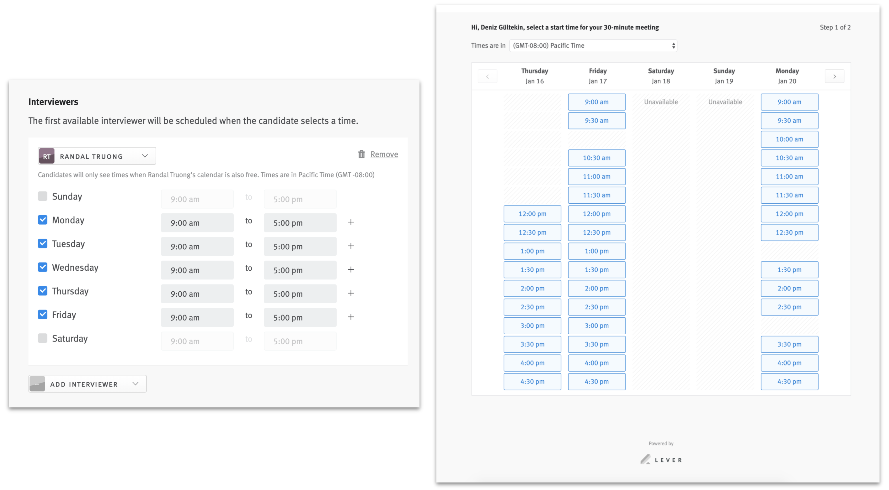 Two images. Left image is Easy Book calendar editor with fields to select availability to present to link recipient. Right image is recipeient's view of interviewer's calendar availability with options to self-select.