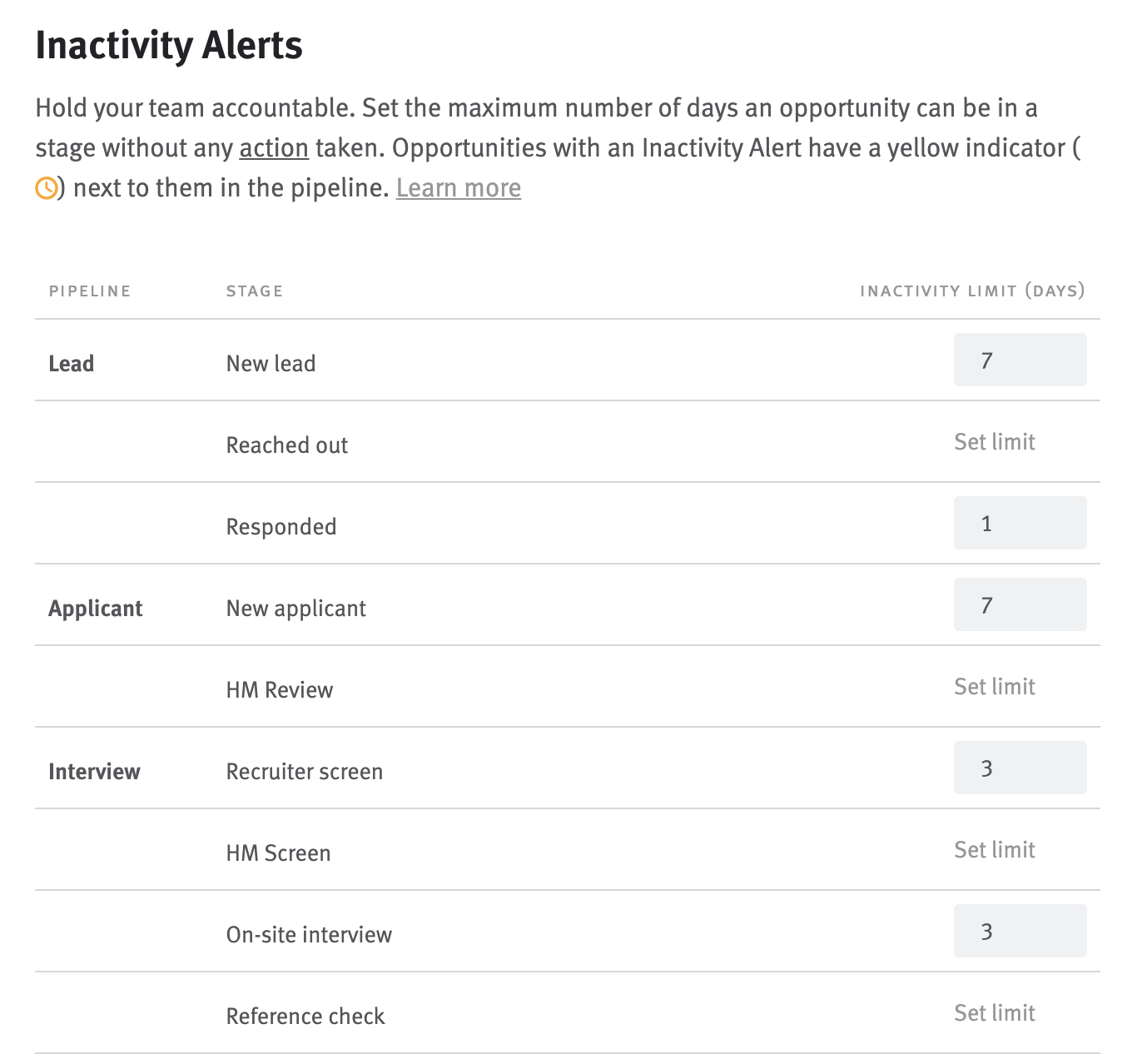 Inactivity alerts configuration in Account Settings.