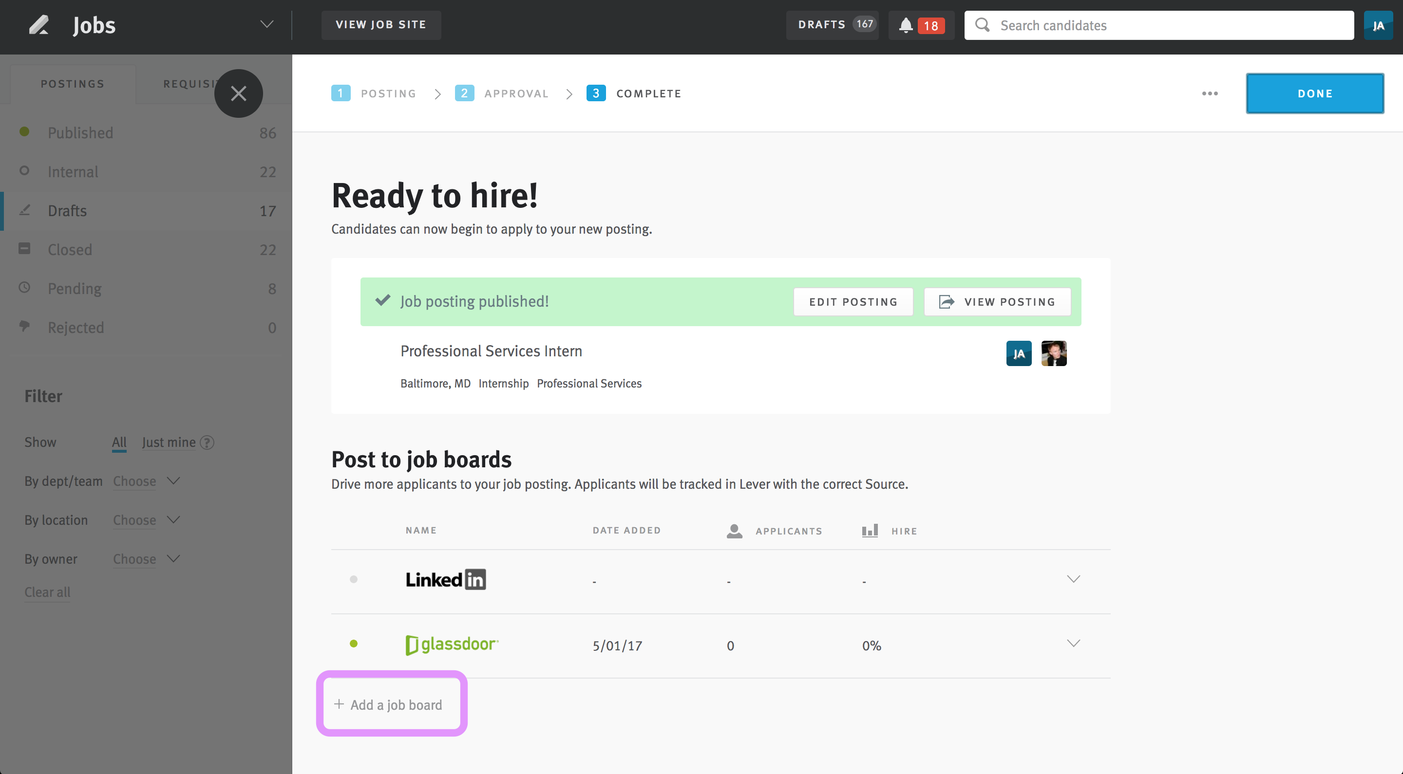 Posting editor advanced to Complete tab and scrolled to Post to job boards heading button to add to a job board circled.