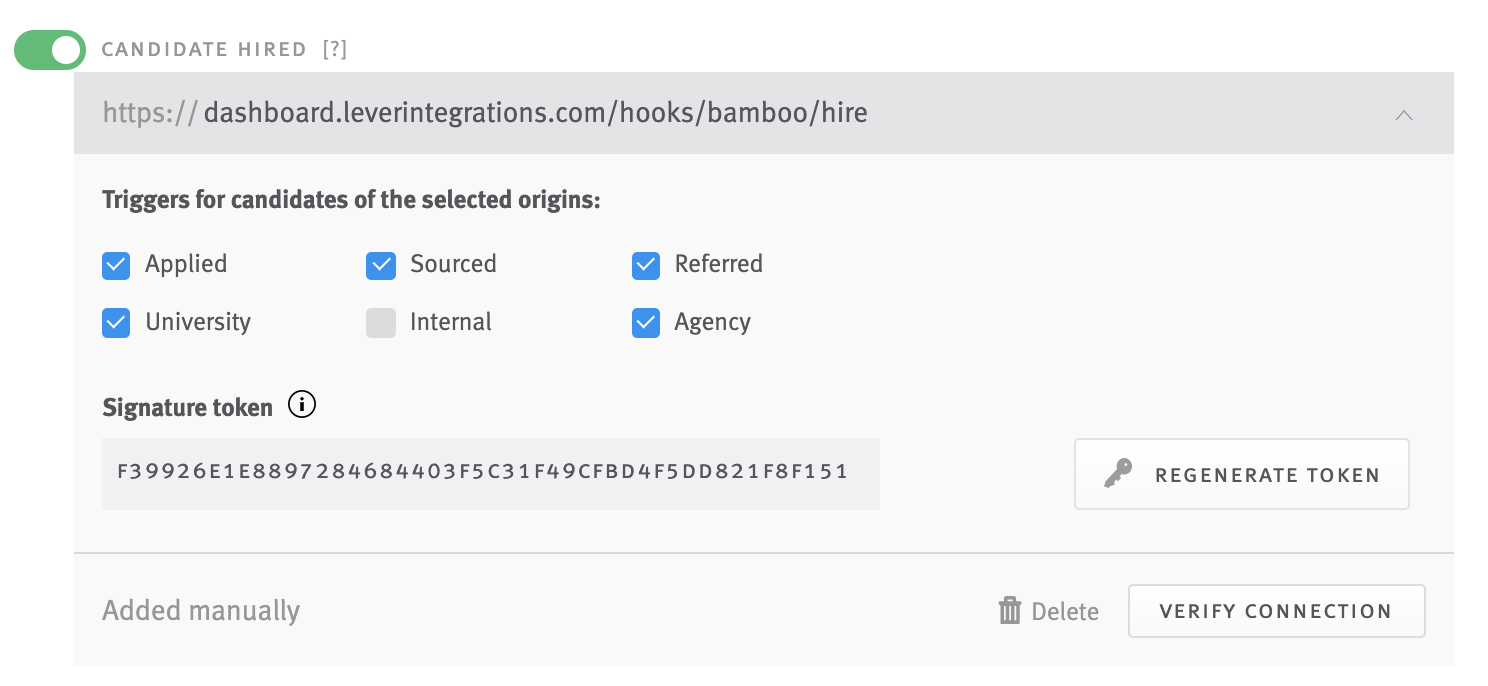 Webhook tile with Internal origin checkbox unchecked.