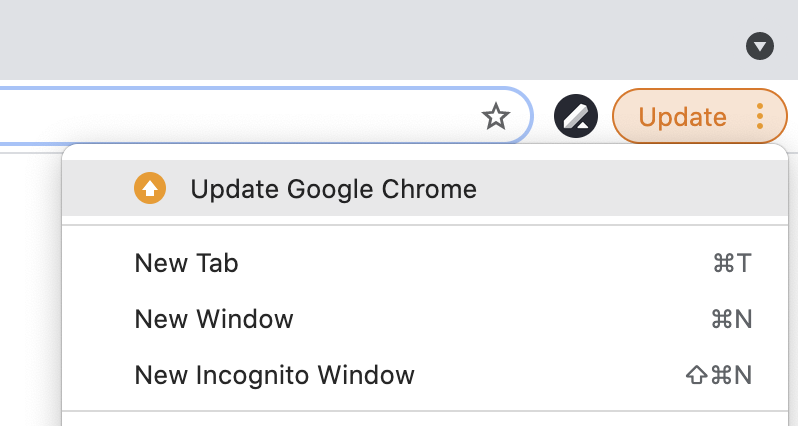 Close up of menu expanded in upper-right of Chrome browser window with Update Google Chrome option highlighted at the top of the menu.