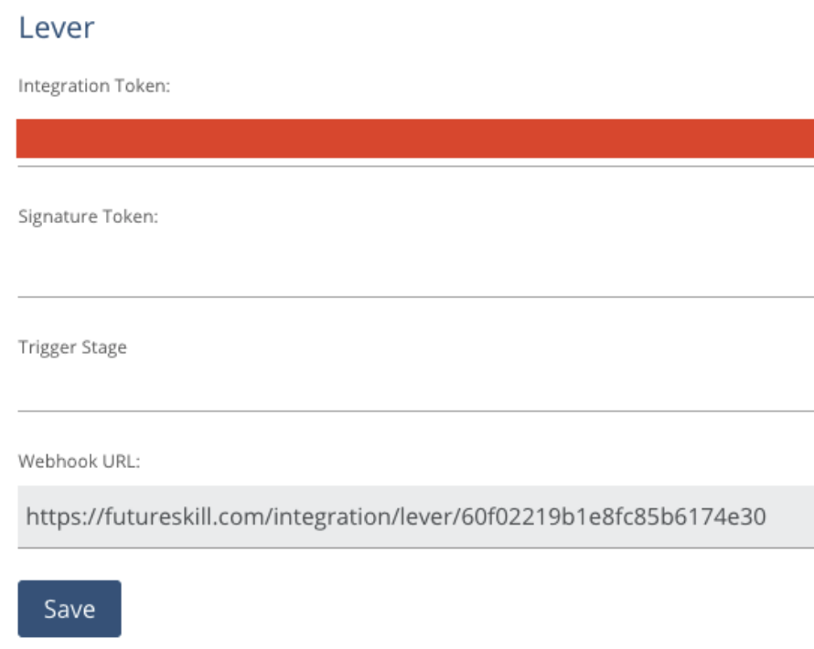 Future Skill platform showing Lever listing and integration token.