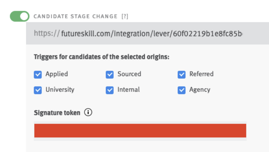 Lever settings page showing candidate stage change toggle on green.