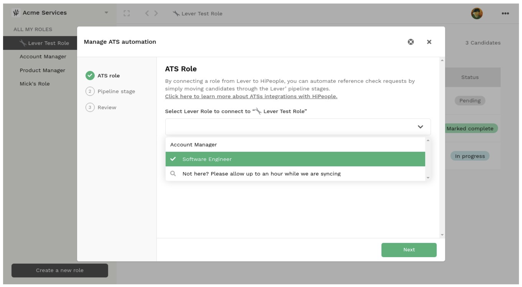 HiPeople platform showing ATS Role section with role dropdown menu.