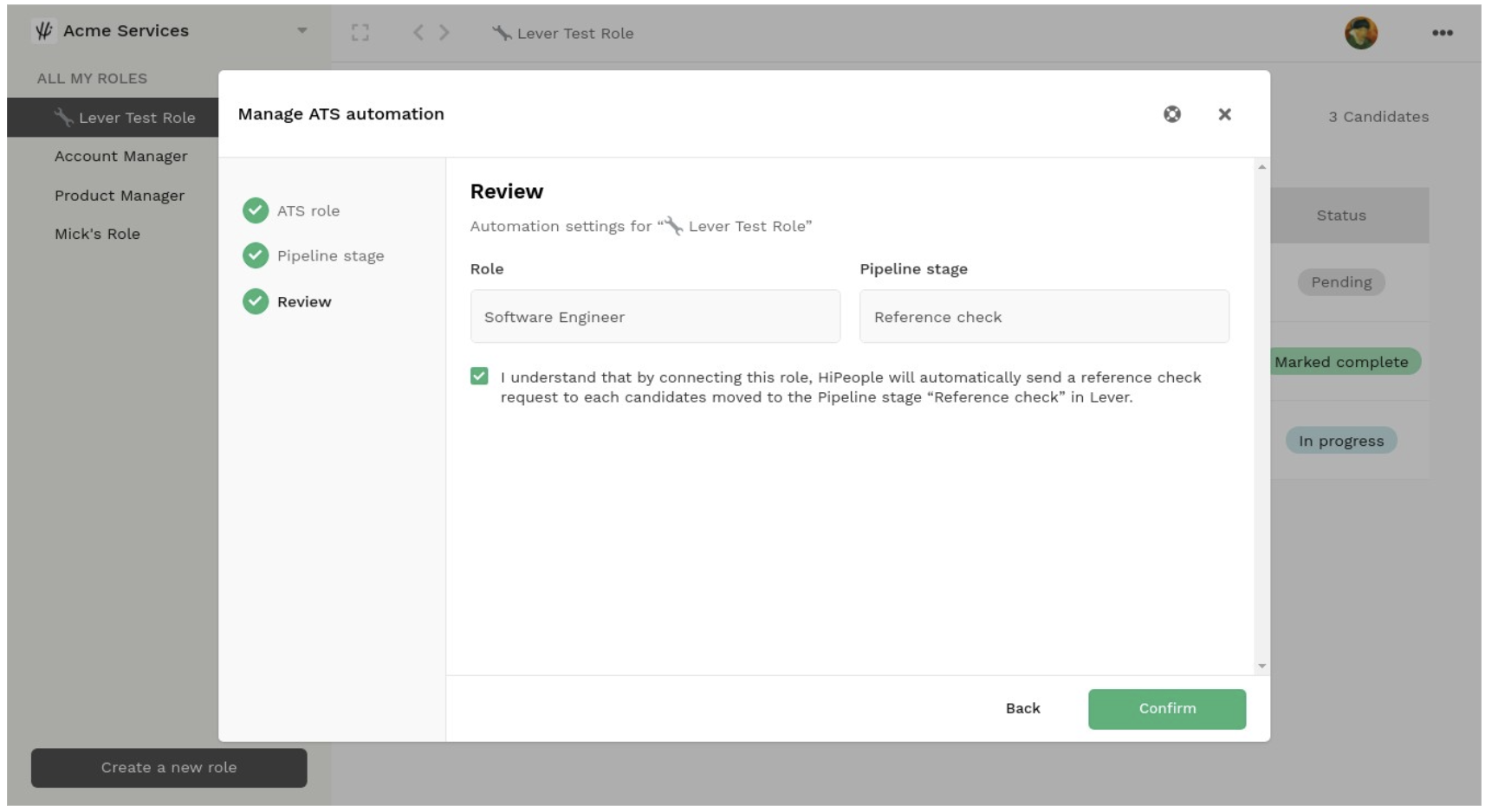HiPeople platform review window showing role and pipeline stages and green confirm button.