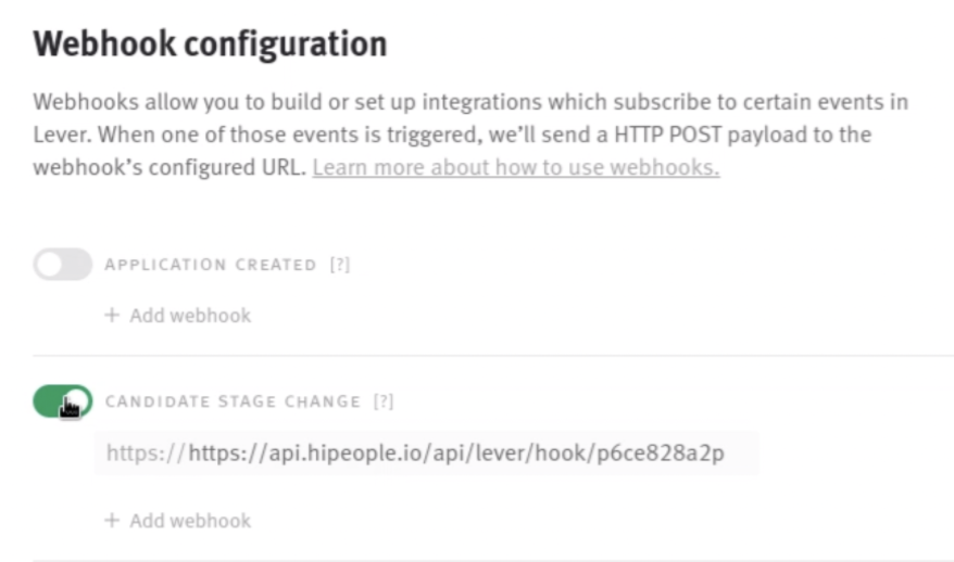 Lever settings webhook configuration page with candidate state change toggle on green.