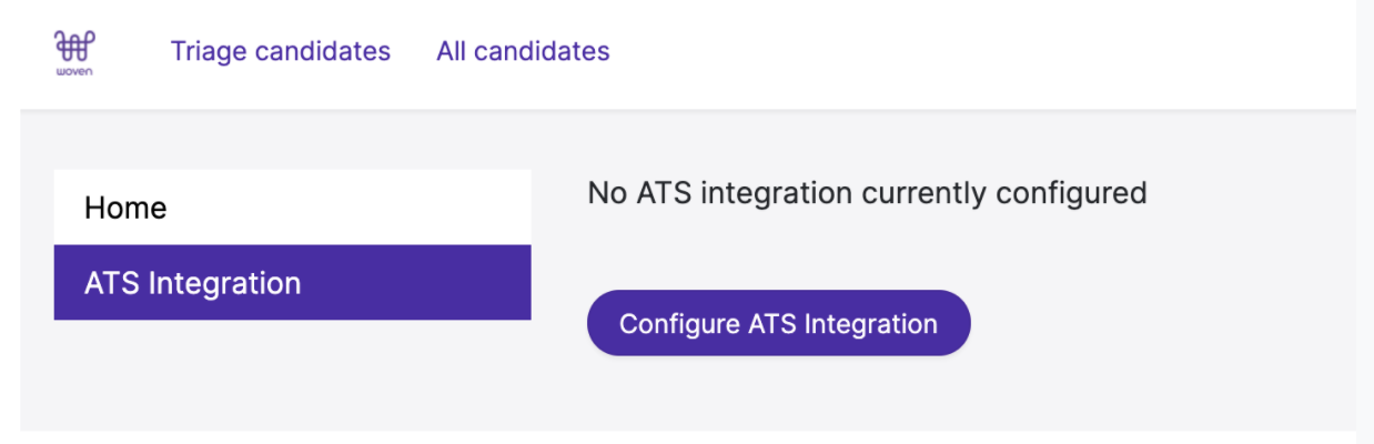Woven platform ATS integration page with configure ATS integration button.