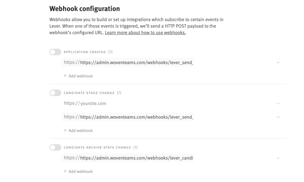Lever webhook configuration page.