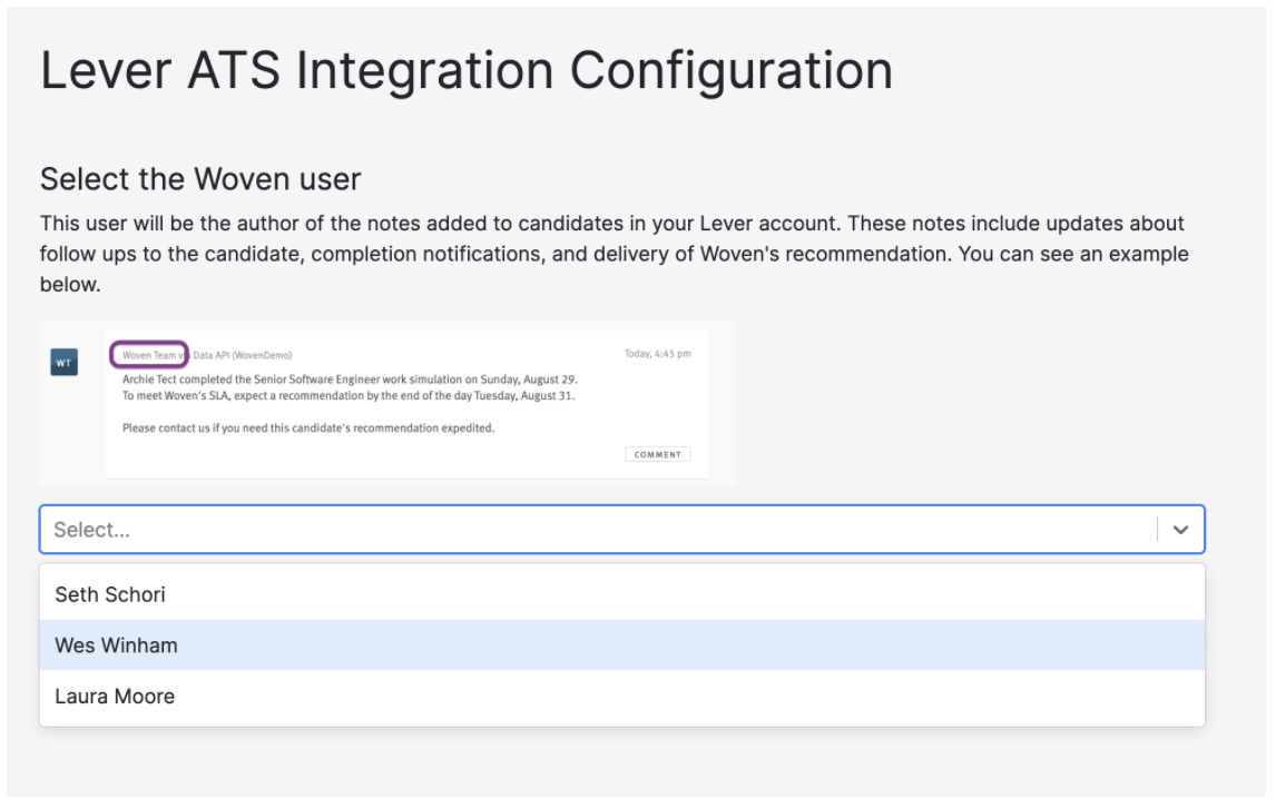 Lever ATS Integration Configuration with candidate dropdown menu.