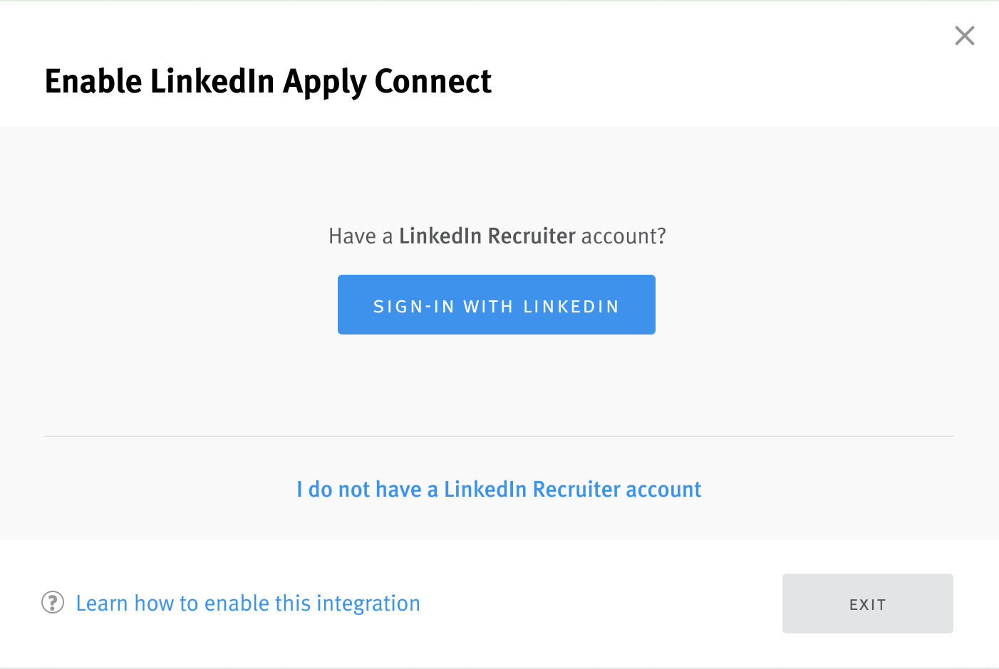 Enable LinkedIn Apply Connect modal with button labelled sign in with LinkedIn