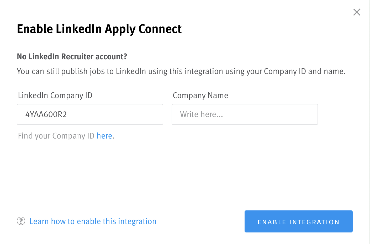 Enable LinkedIn Appli Connect modal with LinkedIn Company ID and Company Name fields