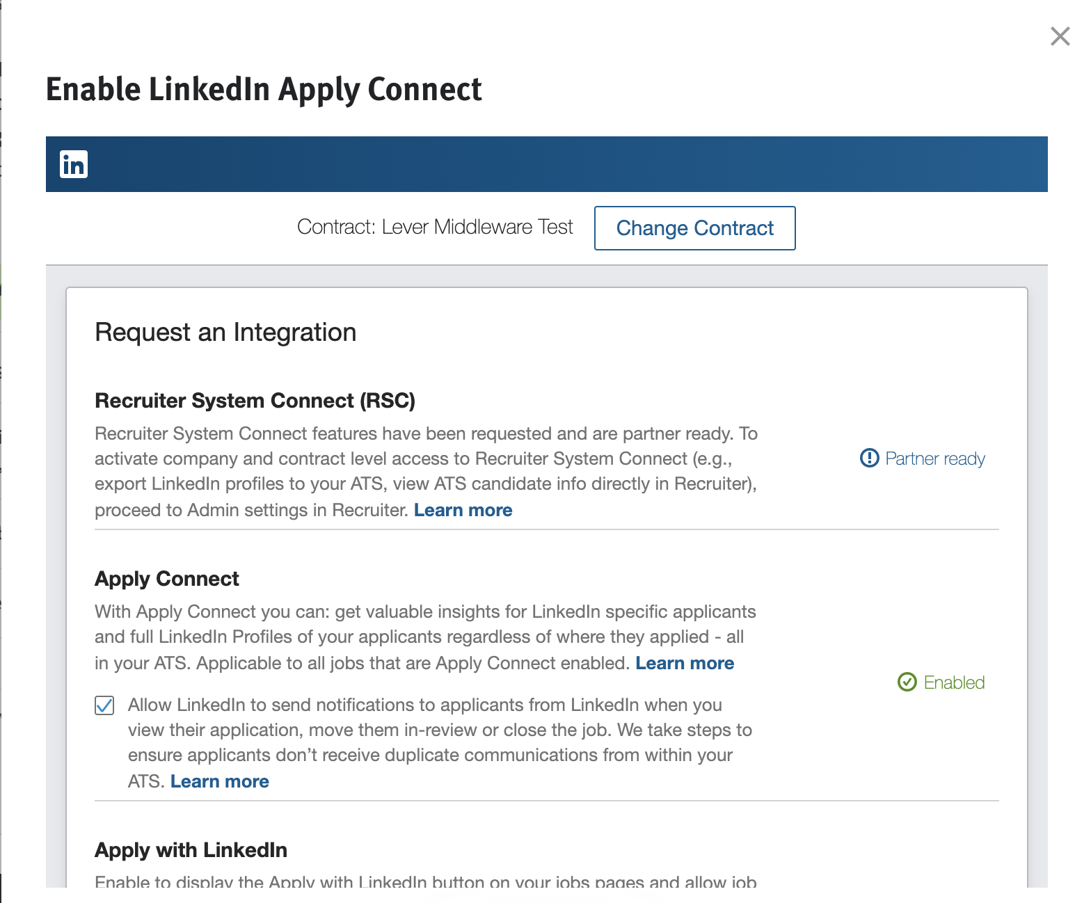 Enable LinkedIn Apply Connect window with integration request list; Apply Connect is listed as enabled.