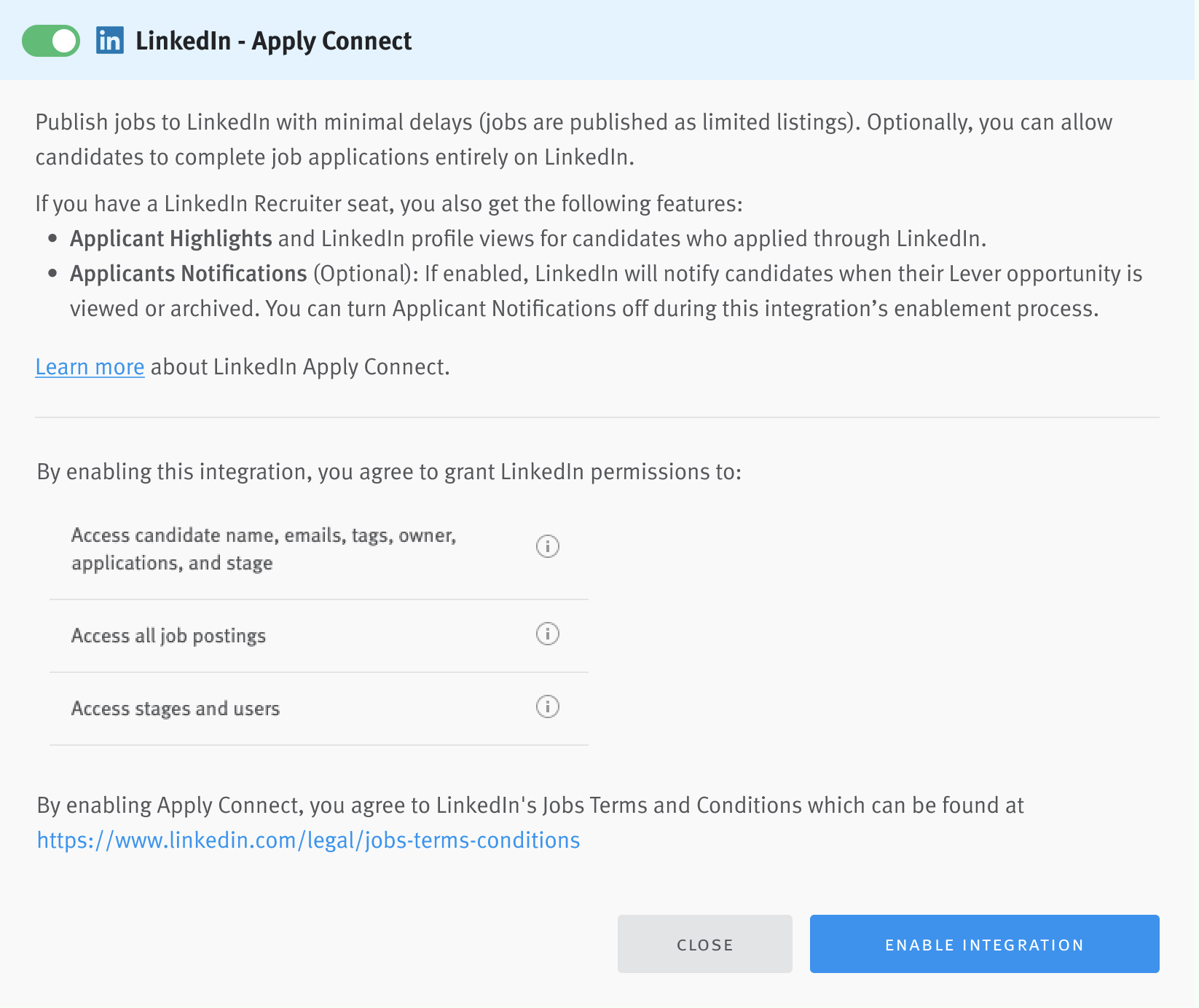 LinkedIn Apply Connect integration tile in Lever Settings.