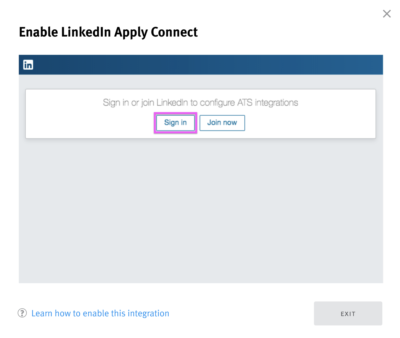 Enable LinkedIn Apply Connect window with sign in button outlined.